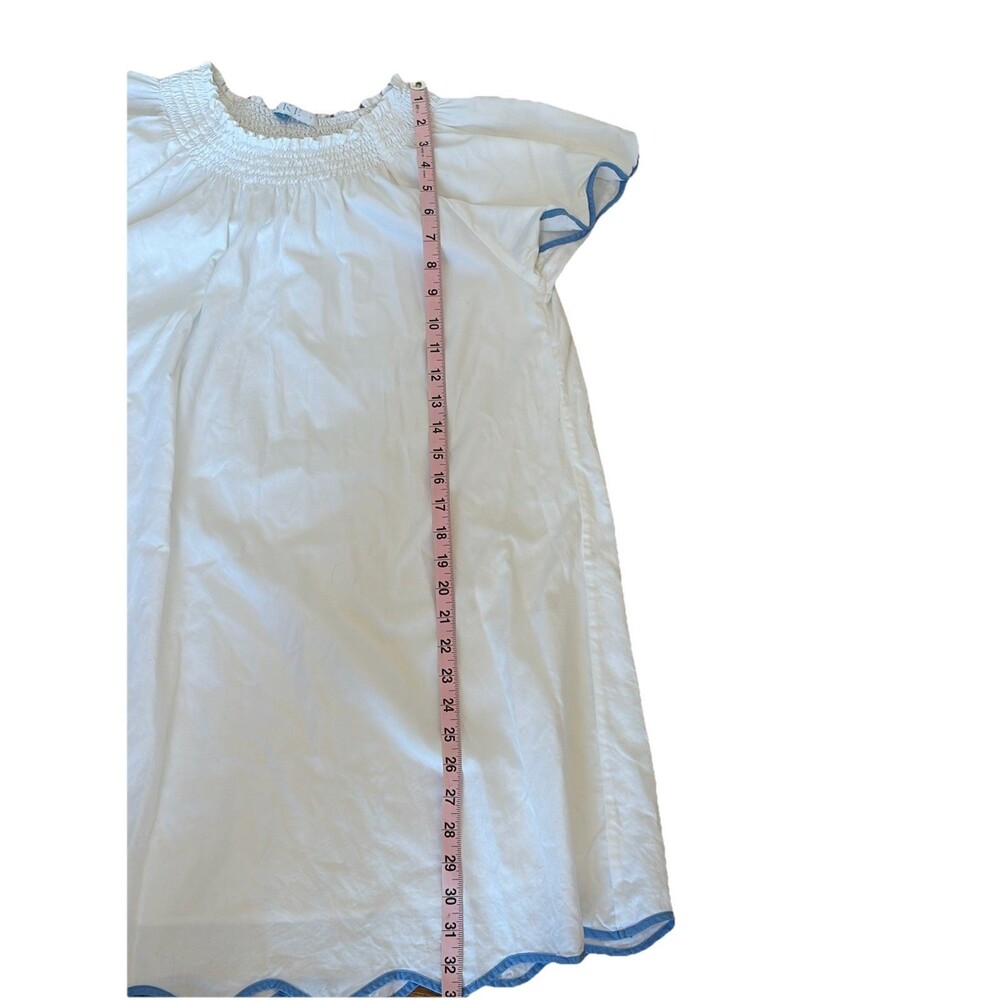 LAKE Pajamas Patio Dress Small White Royal Blue Scalloped Trim 100% Cotton Lined - Picture 8 of 8